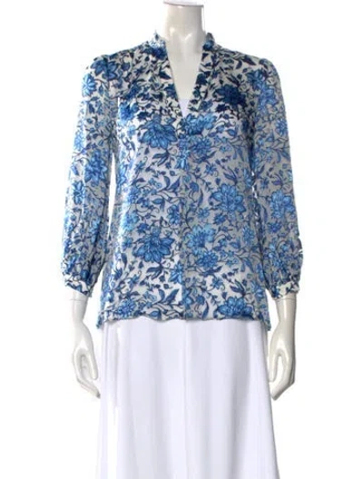 Pre-owned Alice And Olivia Floral Print V-neck Blouse In Blue