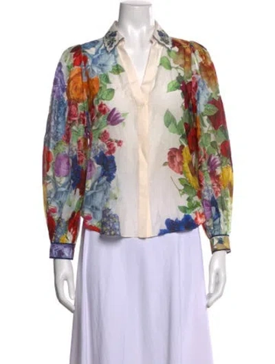 Pre-owned Alice And Olivia Floral Print V-neck Blouse In Blue