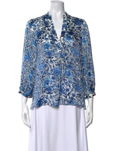 Pre-owned Alice And Olivia Floral Print V-neck Blouse In Blue