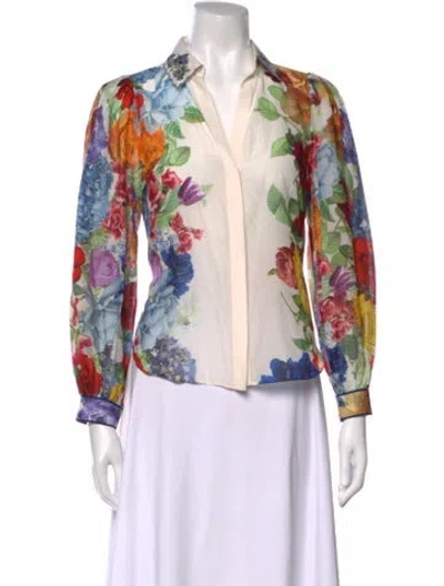 Pre-owned Alice And Olivia Floral Print V-neck Blouse In Blue