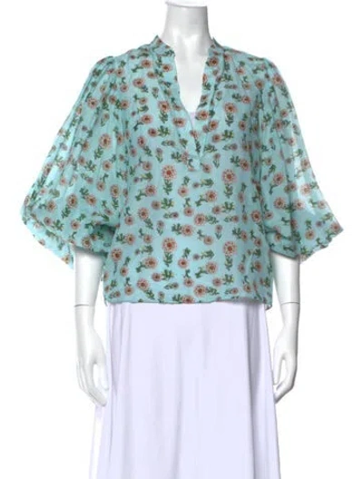 Pre-owned Alice And Olivia Floral Print V-neck Blouse In Blue