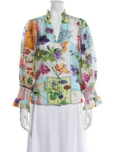 Pre-owned Alice And Olivia Floral Print V-neck Blouse In Blue