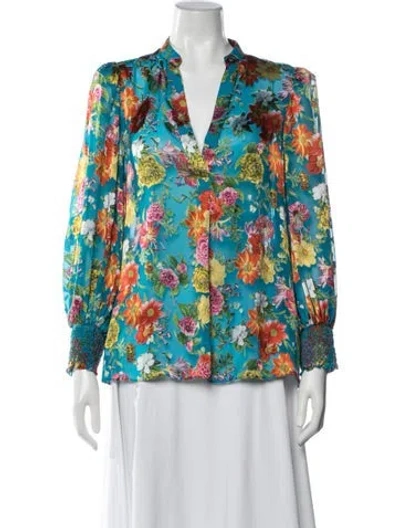 Pre-owned Alice And Olivia Floral Print V-neck Blouse In Blue