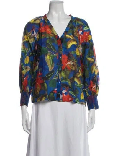 Pre-owned Alice And Olivia Floral Print V-neck Blouse In Blue