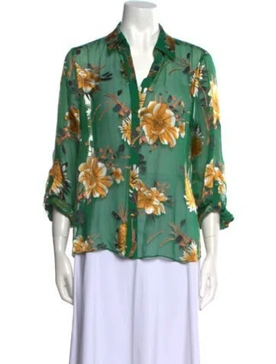 Pre-owned Alice And Olivia Floral Print V-neck Blouse In Green