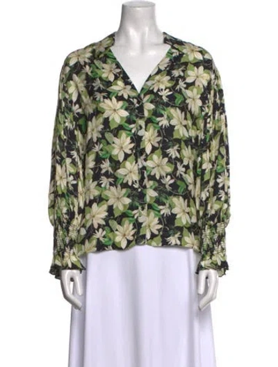 Pre-owned Alice And Olivia Floral Print V-neck Blouse In Green