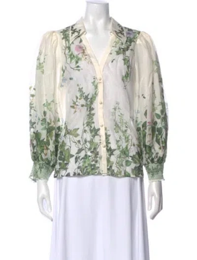 Pre-owned Alice And Olivia Floral Print V-neck Blouse In Green