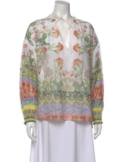 Pre-owned Alice And Olivia Floral Print V-neck Blouse In Green