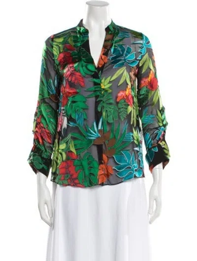 Pre-owned Alice And Olivia Floral Print V-neck Blouse In Green