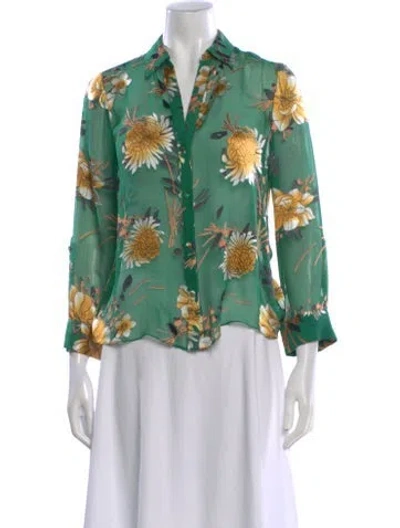 Pre-owned Alice And Olivia Floral Print V-neck Blouse In Green