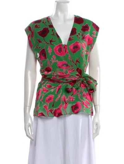 Pre-owned Alice And Olivia Floral Print V-neck Blouse In Green