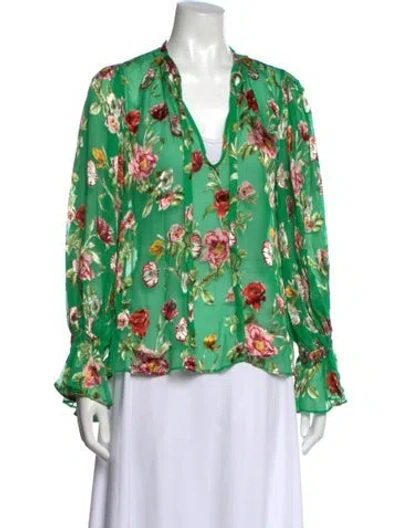 Pre-owned Alice And Olivia Floral Print V-neck Blouse In Green