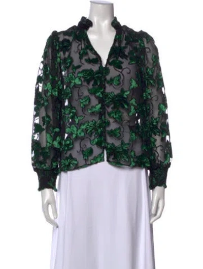 Pre-owned Alice And Olivia Floral Print V-neck Blouse In Green