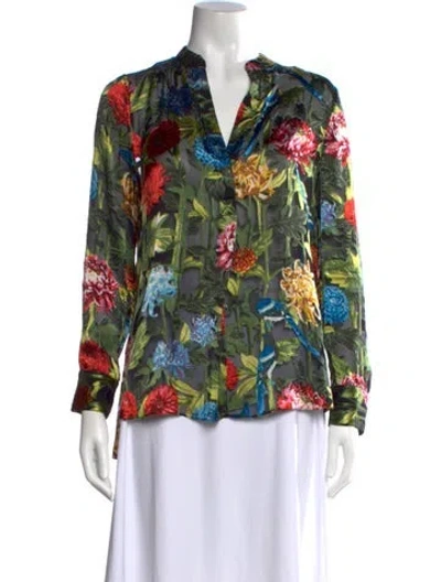 Pre-owned Alice And Olivia Floral Print V-neck Blouse In Green