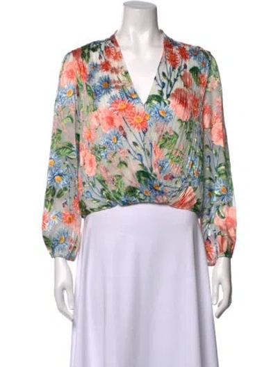 Pre-owned Alice And Olivia Floral Print V-neck Blouse In Grey