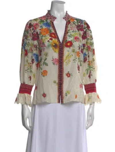 Pre-owned Alice And Olivia Floral Print V-neck Blouse In Neutral