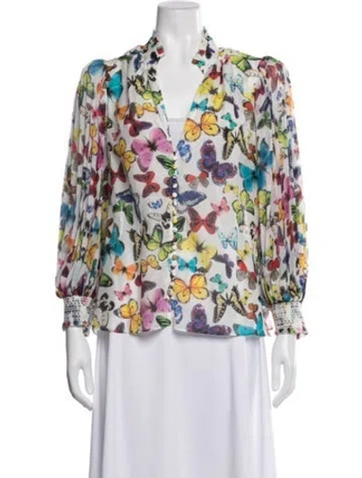 Pre-owned Alice And Olivia Floral Print V-neck Blouse In Neutrals
