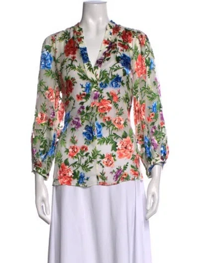 Pre-owned Alice And Olivia Floral Print V-neck Blouse In Neutrals