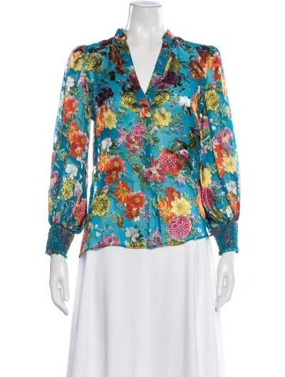 Pre-owned Alice And Olivia Floral Print V-neck Blouse In Purple