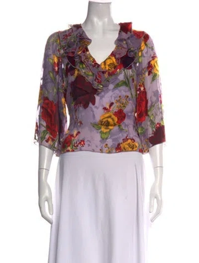 Pre-owned Alice And Olivia Floral Print V-neck Blouse In Purple