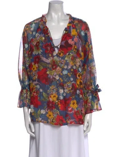 Pre-owned Alice And Olivia Floral Print V-neck Blouse In Red