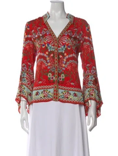 Pre-owned Alice And Olivia Floral Print V-neck Blouse In Red