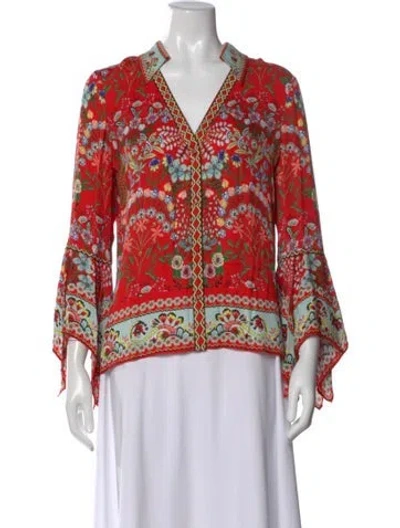 Pre-owned Alice And Olivia Floral Print V-neck Blouse In Red