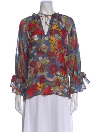 Pre-owned Alice And Olivia Floral Print V-neck Blouse In Red