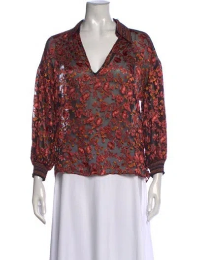 Pre-owned Alice And Olivia Floral Print V-neck Blouse In Red