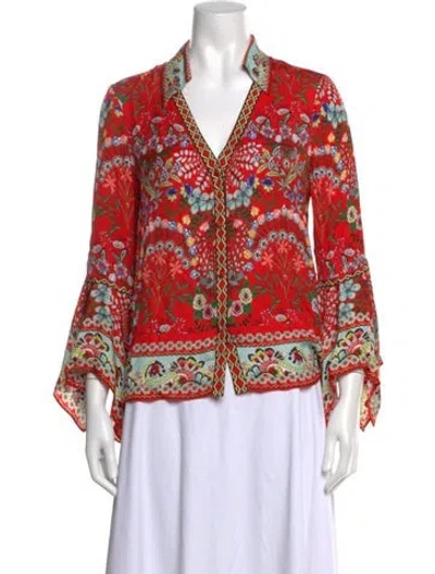 Pre-owned Alice And Olivia Floral Print V-neck Blouse In Red
