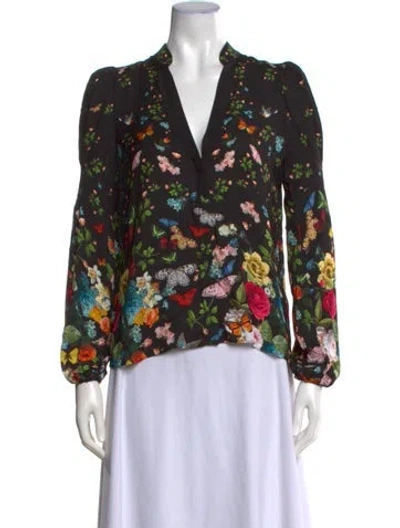 Pre-owned Alice And Olivia Floral Print V-neck Blouse W/ Tags In Black