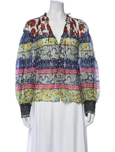 Pre-owned Alice And Olivia Floral Print V-neck Blouse W/ Tags In Yellow