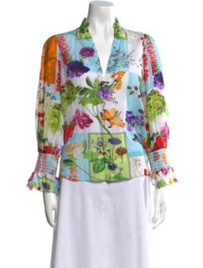 Pre-owned Alice And Olivia Floral Print V-neck Blouse In White