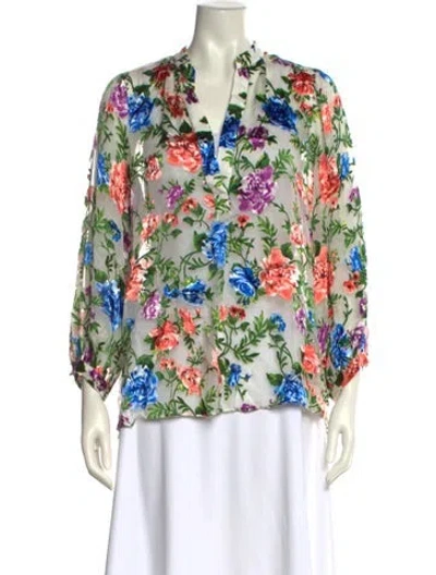 Pre-owned Alice And Olivia Floral Print V-neck Blouse In White