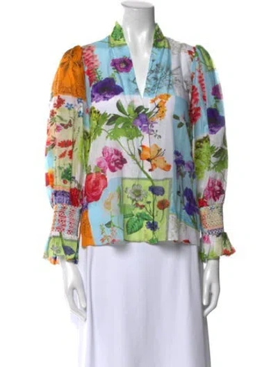 Pre-owned Alice And Olivia Floral Print V-neck Blouse In White