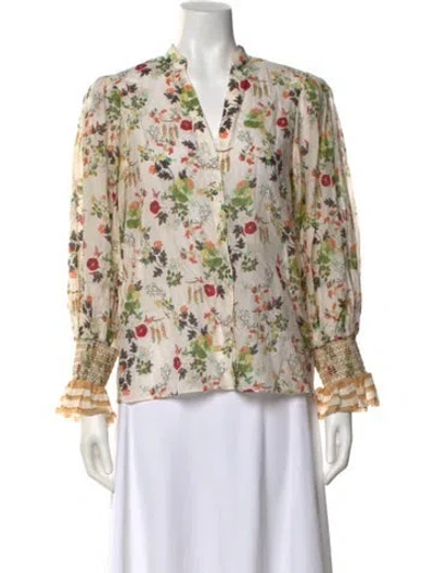 Pre-owned Alice And Olivia Floral Print V-neck Blouse In White