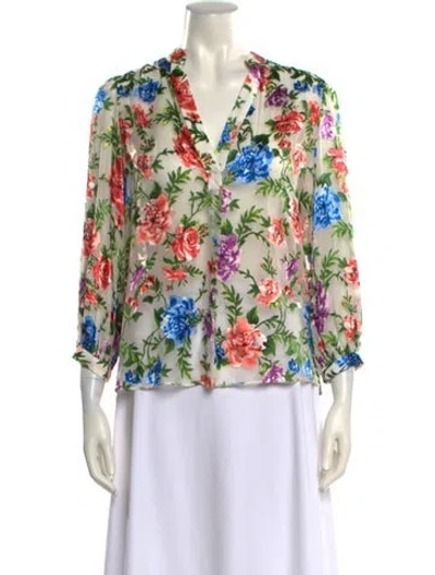 Pre-owned Alice And Olivia Floral Print V-neck Blouse In White