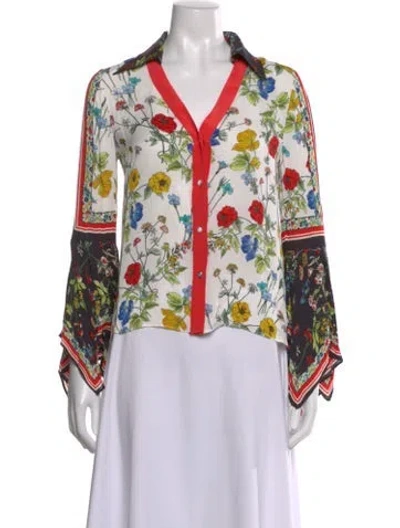 Pre-owned Alice And Olivia Floral Print V-neck Blouse In White