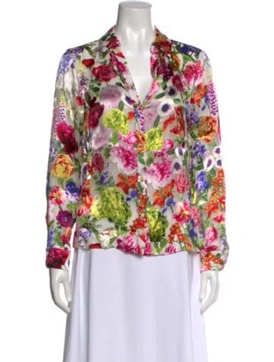 Pre-owned Alice And Olivia Floral Print V-neck Blouse In White