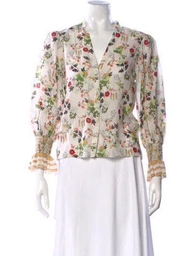 Pre-owned Alice And Olivia Floral Print V-neck Blouse In White