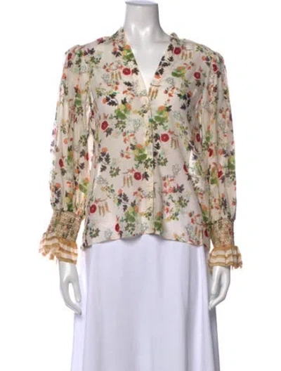 Pre-owned Alice And Olivia Floral Print V-neck Blouse In White