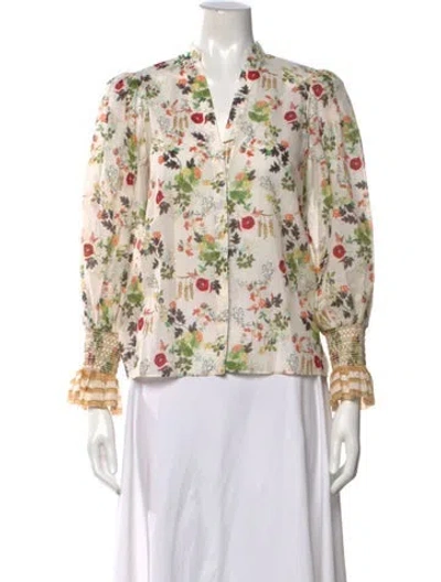 Pre-owned Alice And Olivia Floral Print V-neck Blouse In White