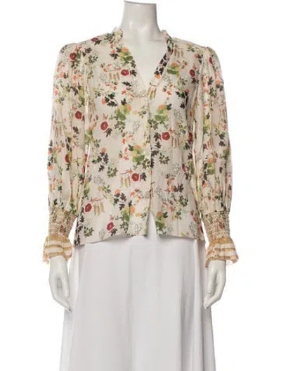 Pre-owned Alice And Olivia Floral Print V-neck Blouse In White