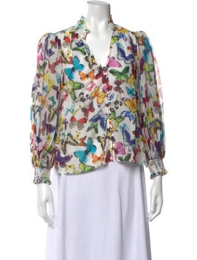 Pre-owned Alice And Olivia Floral Print V-neck Blouse In White