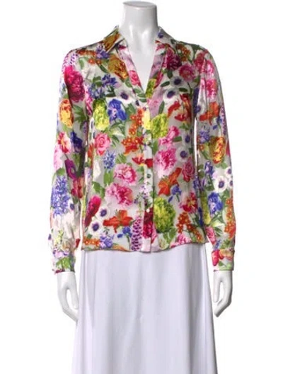 Pre-owned Alice And Olivia Floral Print V-neck Blouse In White