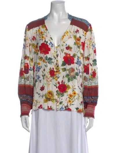 Pre-owned Alice And Olivia Floral Print V-neck Blouse In White