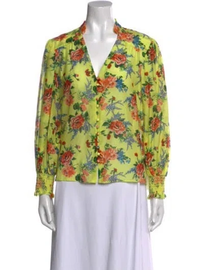 Pre-owned Alice And Olivia Floral Print V-neck Blouse In Yellow