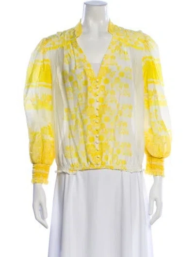 Pre-owned Alice And Olivia Floral Print V-neck Blouse In Yellow