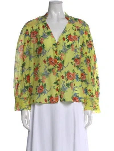 Pre-owned Alice And Olivia Floral Print V-neck Blouse In Yellow