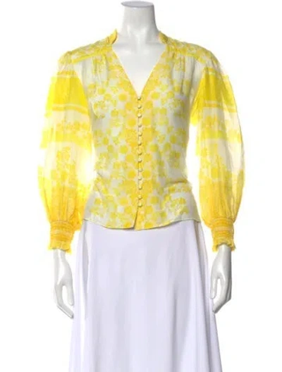 Pre-owned Alice And Olivia Floral Print V-neck Blouse In Yellow